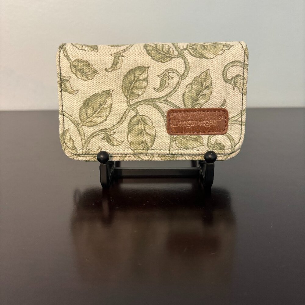 Longaberger Green & Cream Leaf Patterned Canvas Coin Purse Mini Wallet